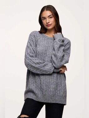 nuuds Cozy Knit Cable Crewneck Wool Yak Blend Sweater Charcoal Heather Gray XS